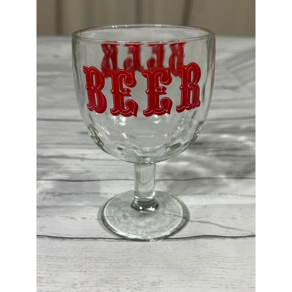 Vintage Beer Schooner Glass Red Western Graphic Heavy Stemmed Goblet 6.25in